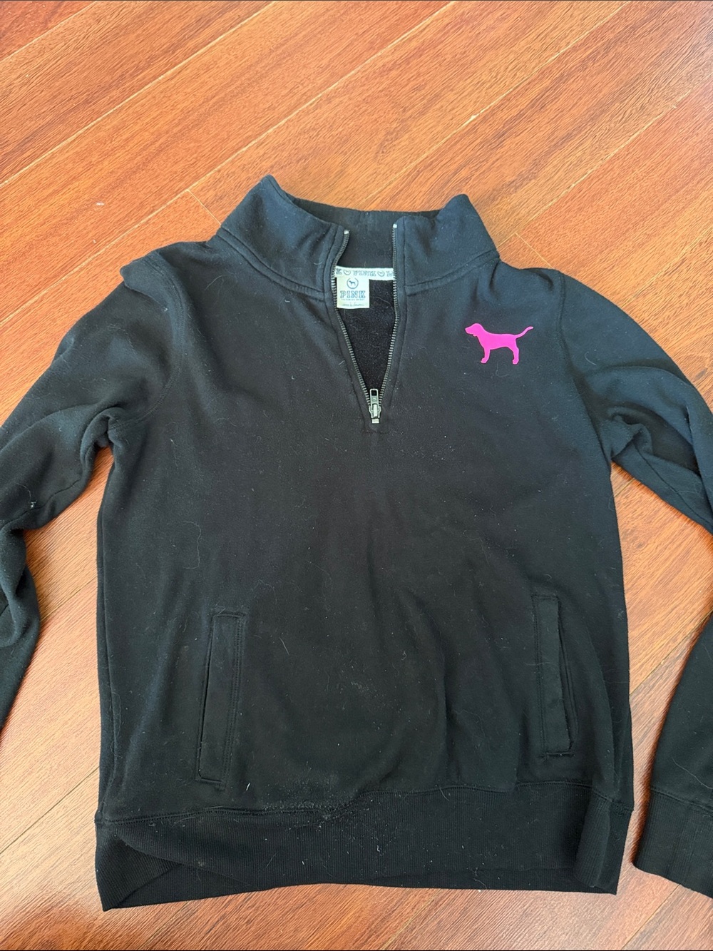 Vintage PINK Victoria's Secret Black Quarter-Zip Sweater with Pink Dog Logo